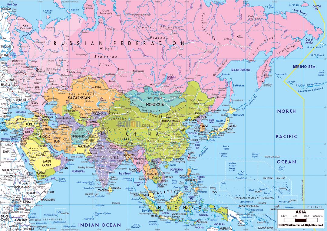 Large political map of Asia with major roads and major cities