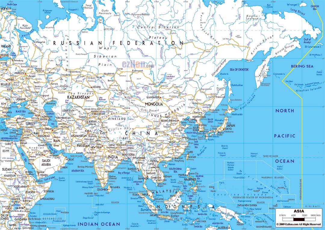 Large road map of Asia with major cities