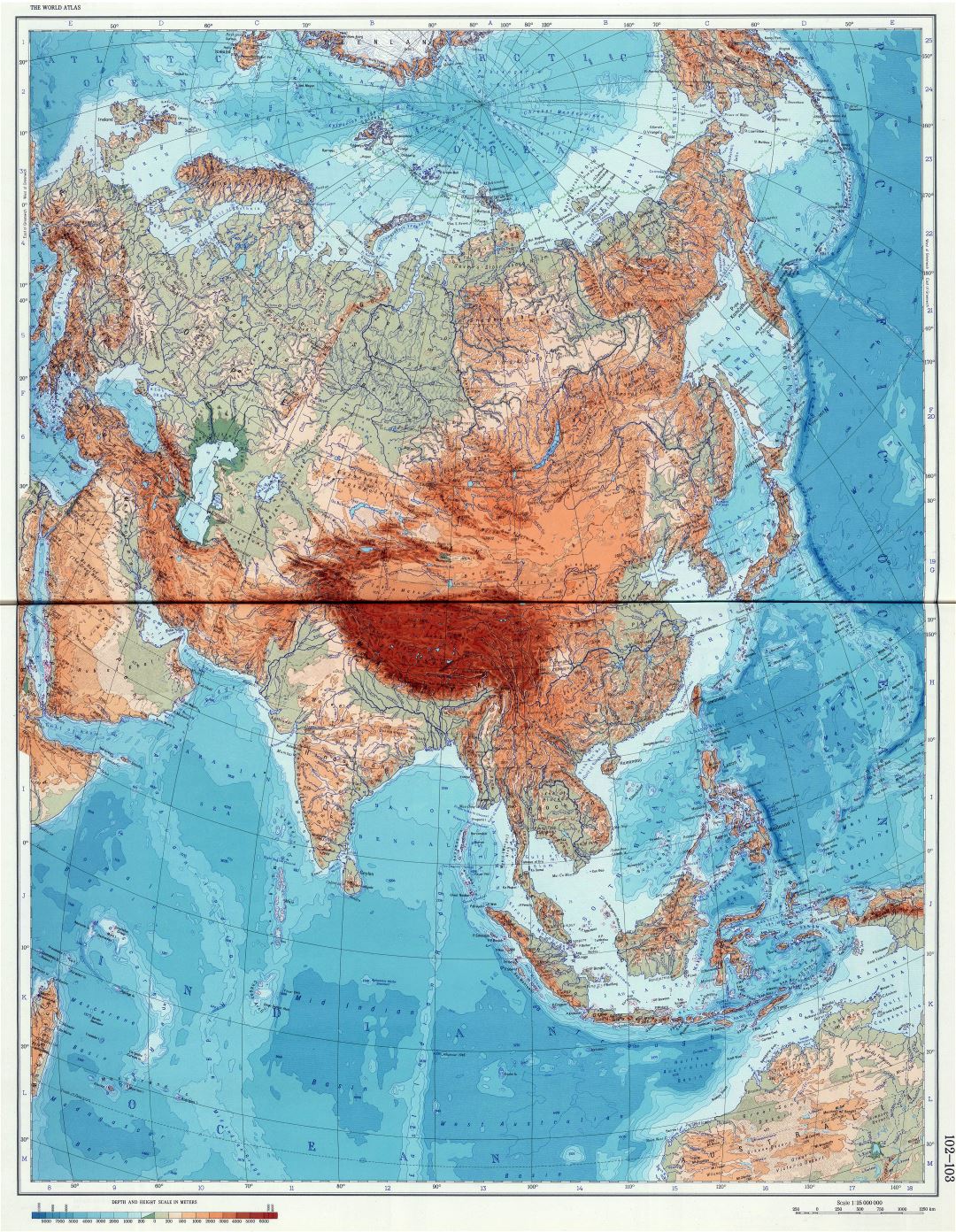 Large scale detailed physical (geographical) map of Eurasia