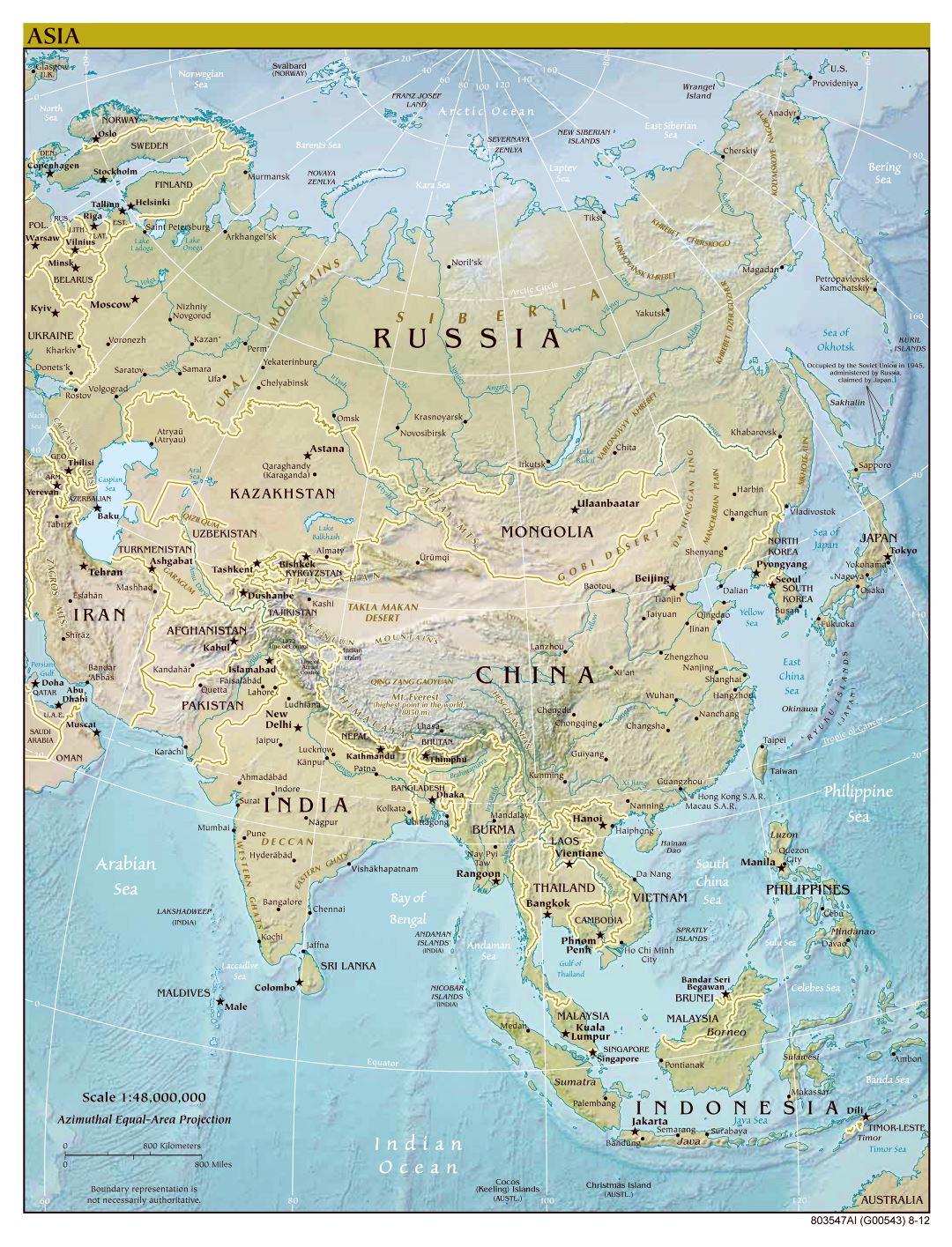 Large scale political map of Asia with relief and capitals - 2012