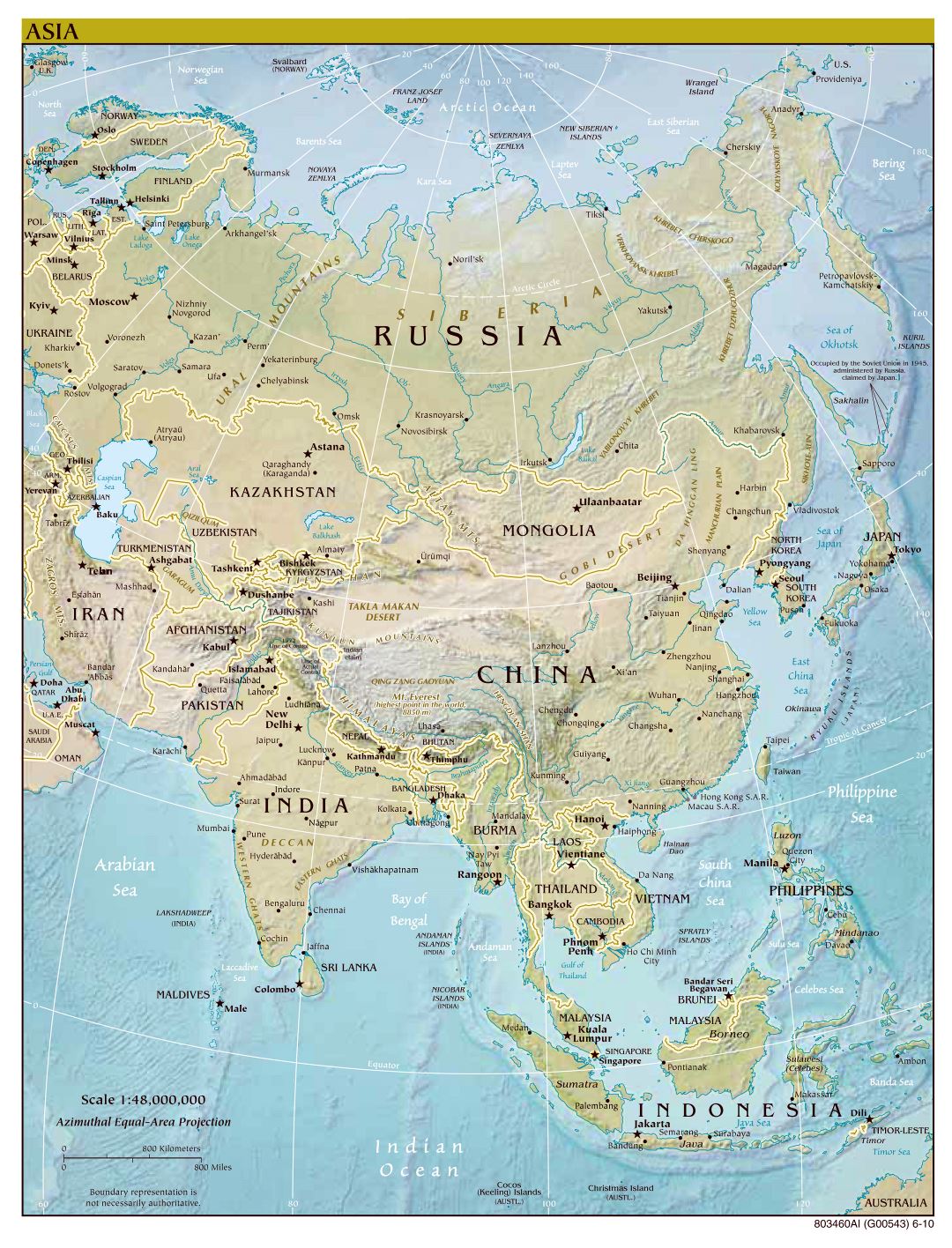 Large scale political map of Asia with relief, major cities and capitals - 2010