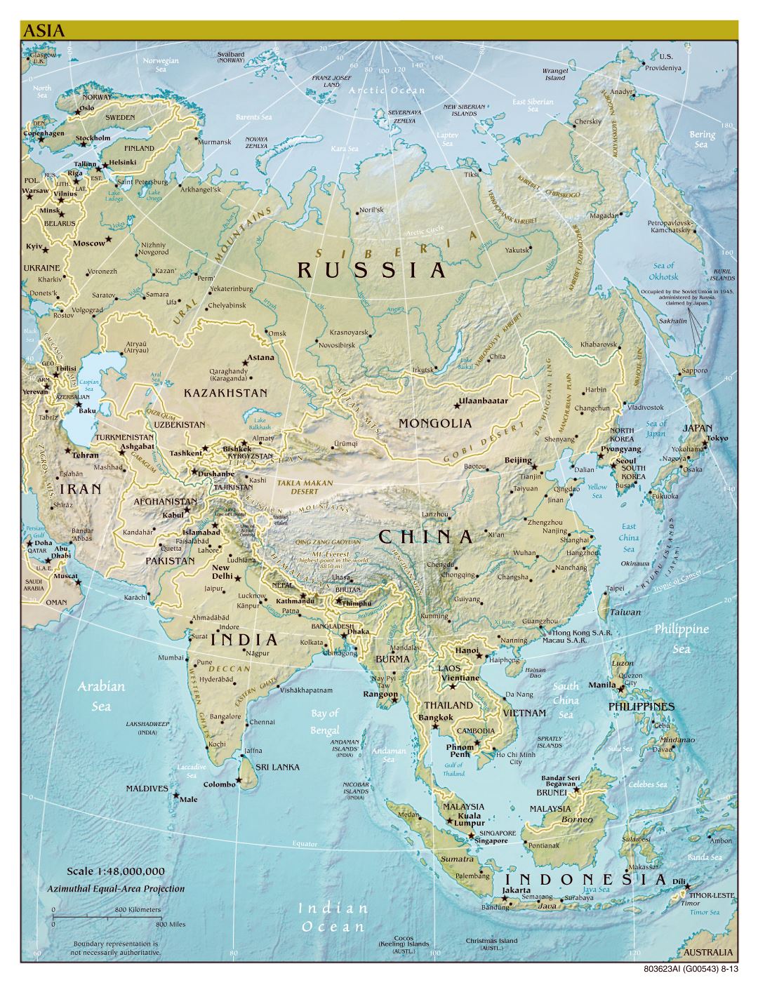 Large scale political map of Asia with relief, major cities and capitals - 2013