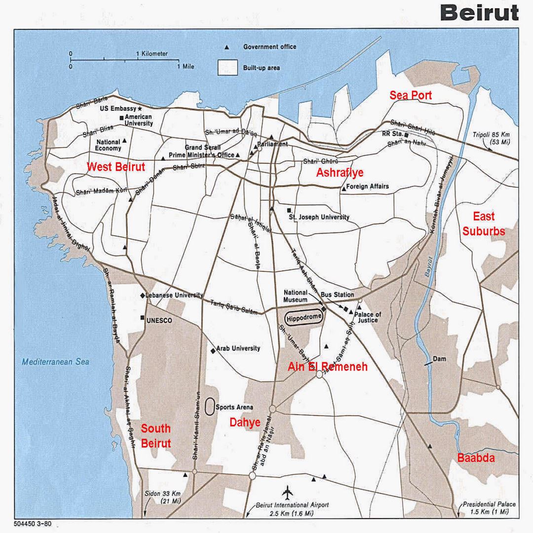 Detailed map of Beirut city - 1990