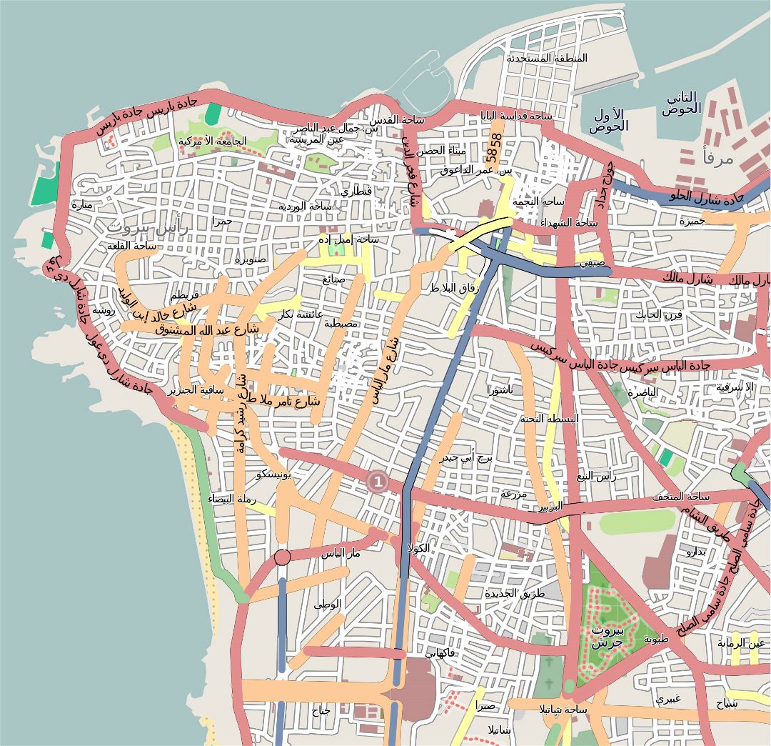 Large detailed road map of central part of Beirut city