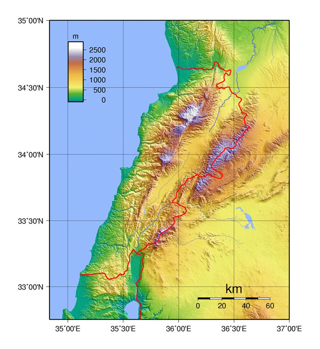 Detailed physical map of Lebanon