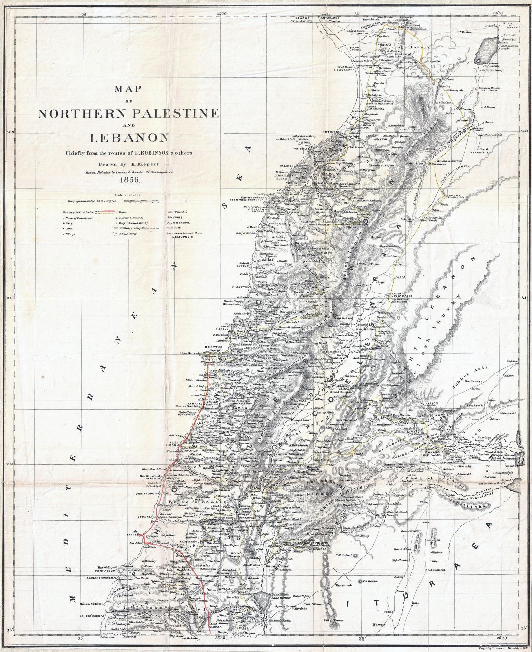 Large detailed old map of Northern Palestine and Lebanon - 1856
