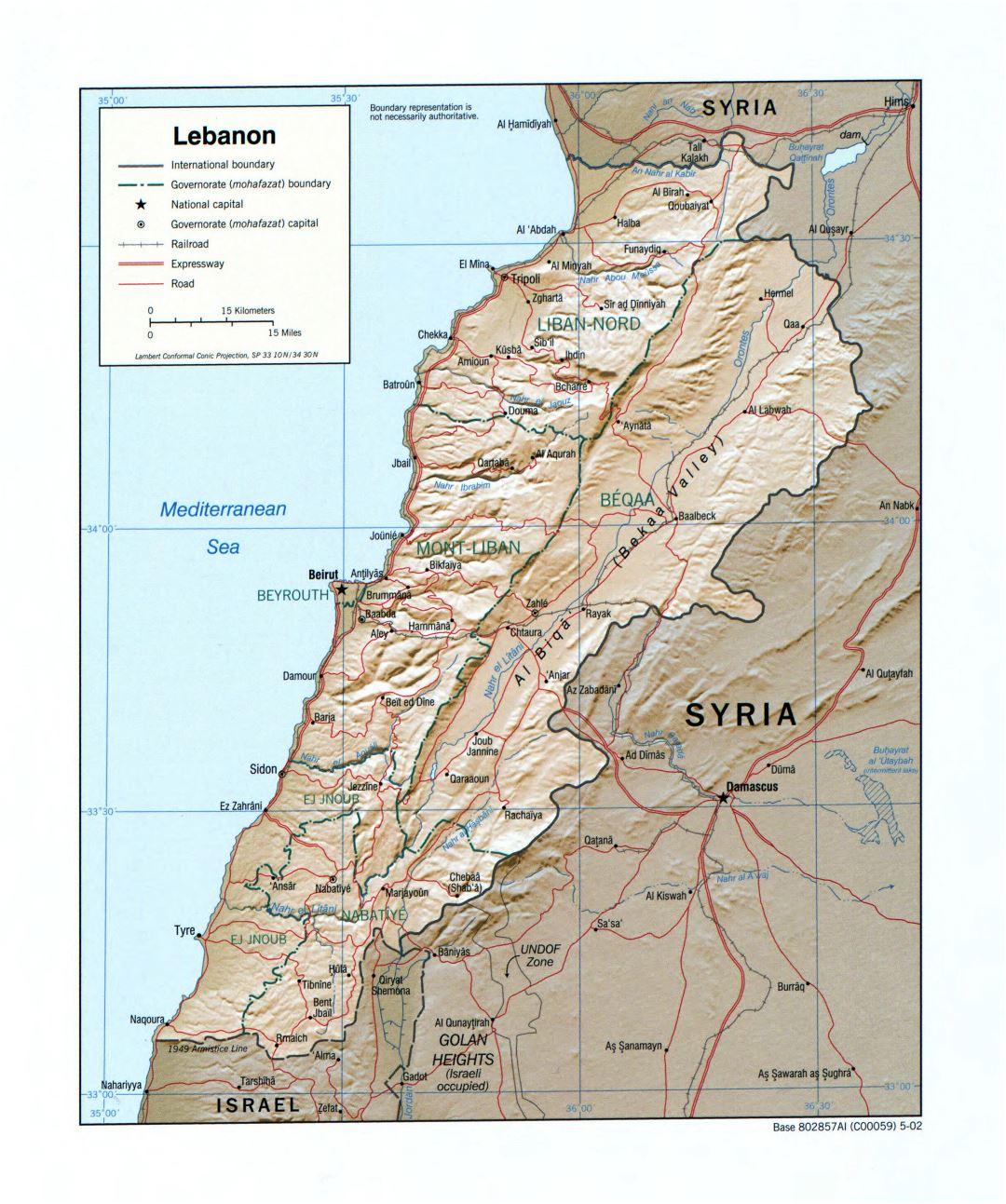 Large detailed political and administrative map of Lebanon with relief, roads, railroads and major cities - 2002