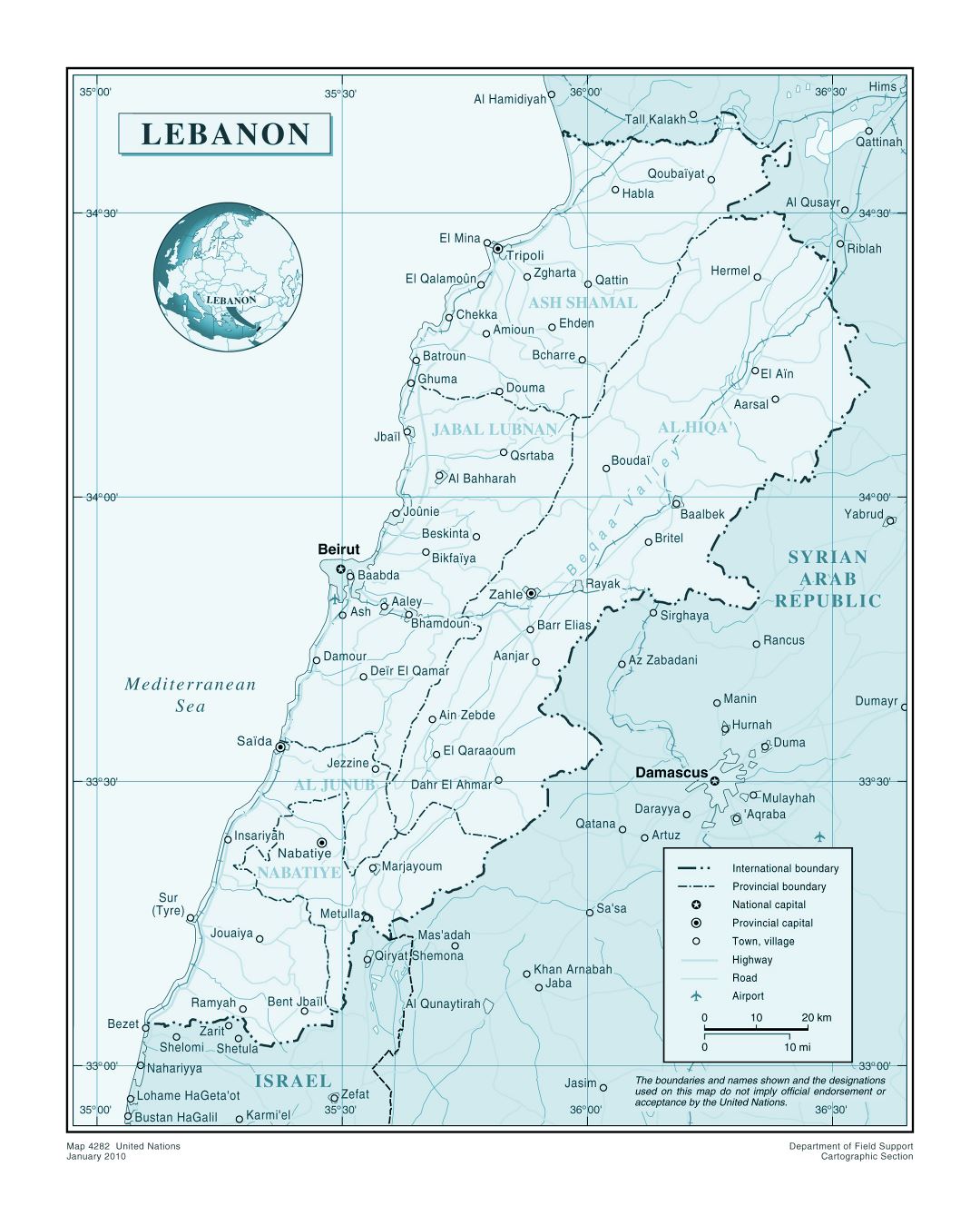 Large detailed political and administrative map of Lebanon with roads, major cities and airports