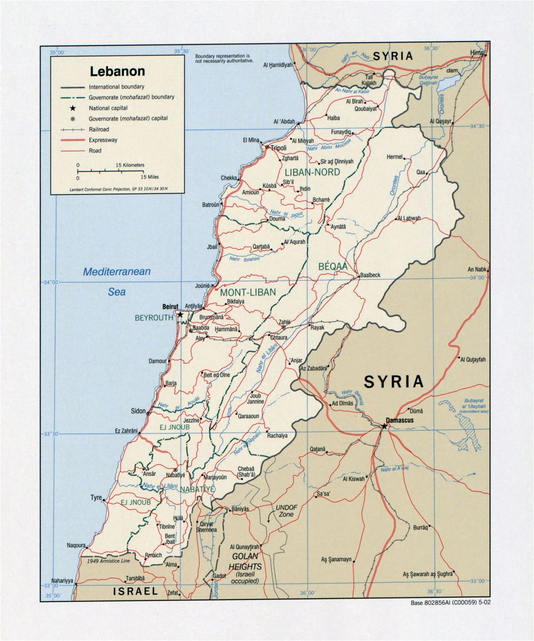 Large detailed political and administrative map of Lebanon with roads, railroads and major cities - 2002