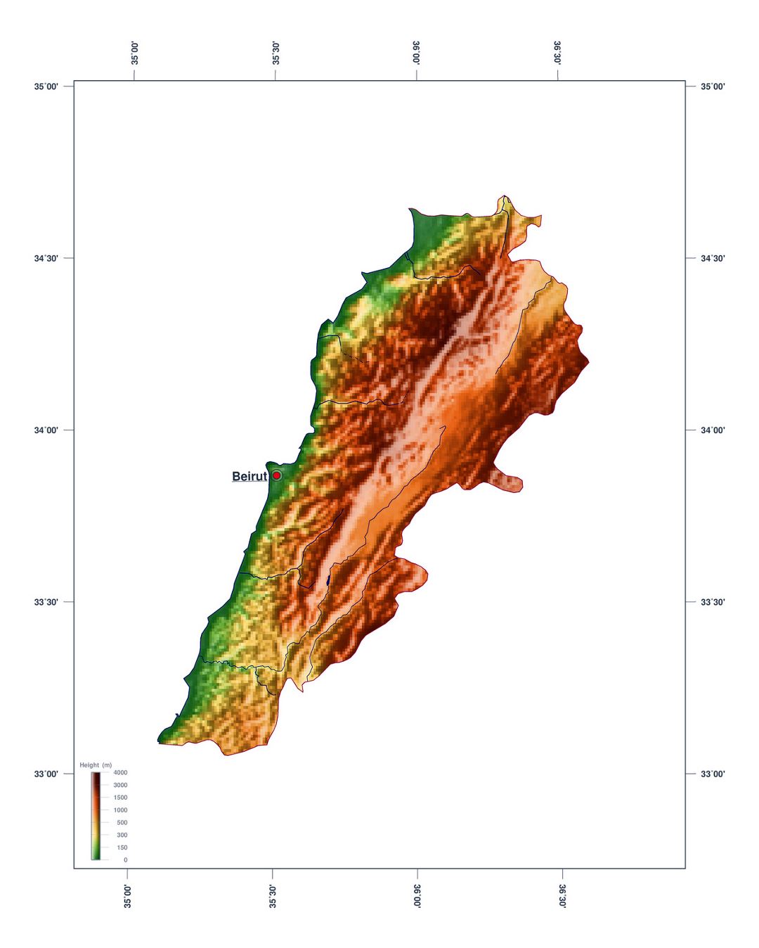 Large elevation map of Lebanon