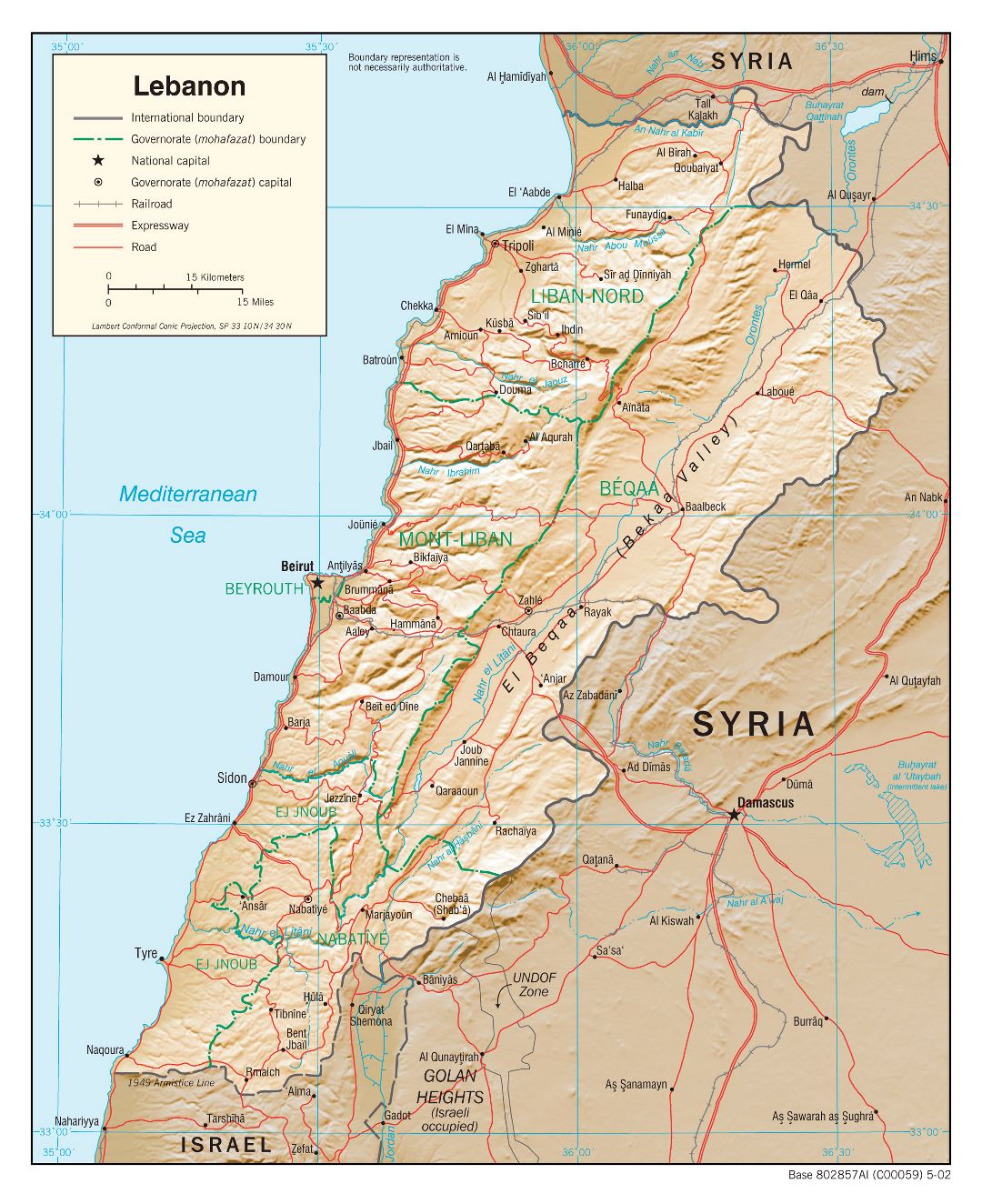 Large political and administrative map of Lebanon with relief, roads, railroads and major cities - 2002