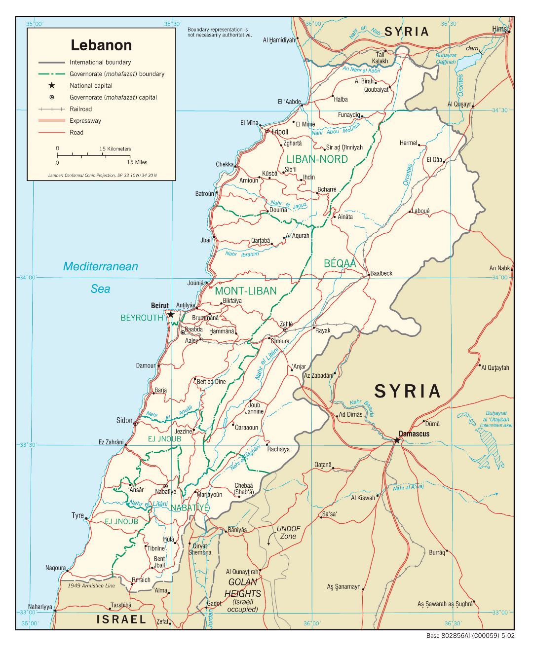 Large political and administrative map of Lebanon with roads, railroads and major cities - 2002