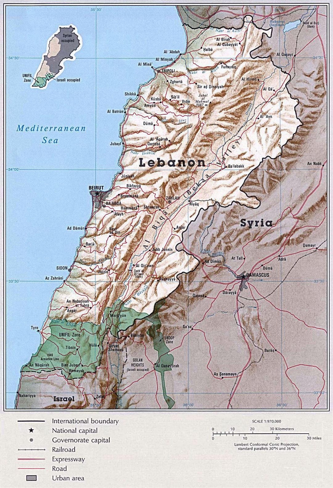 Large political map of Lebanon with relief, roads, railroads and cities - 1993