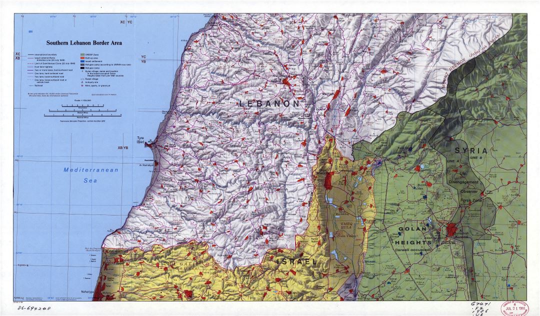 Large scale map of Southern Lebanon Border Area with relief and other marks - 1986