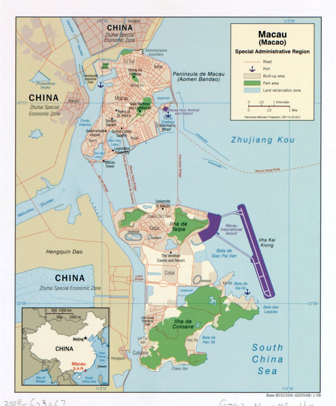 Large detailed political map of Macau with roads, ports and other marks - 2008