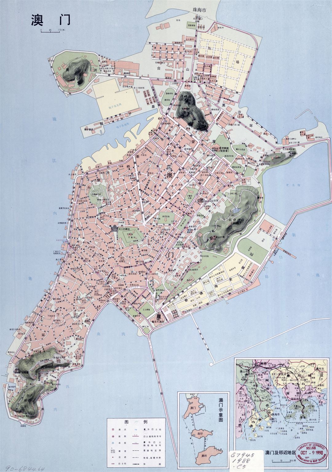 Large detailed road map of Macau in chinese - 1988