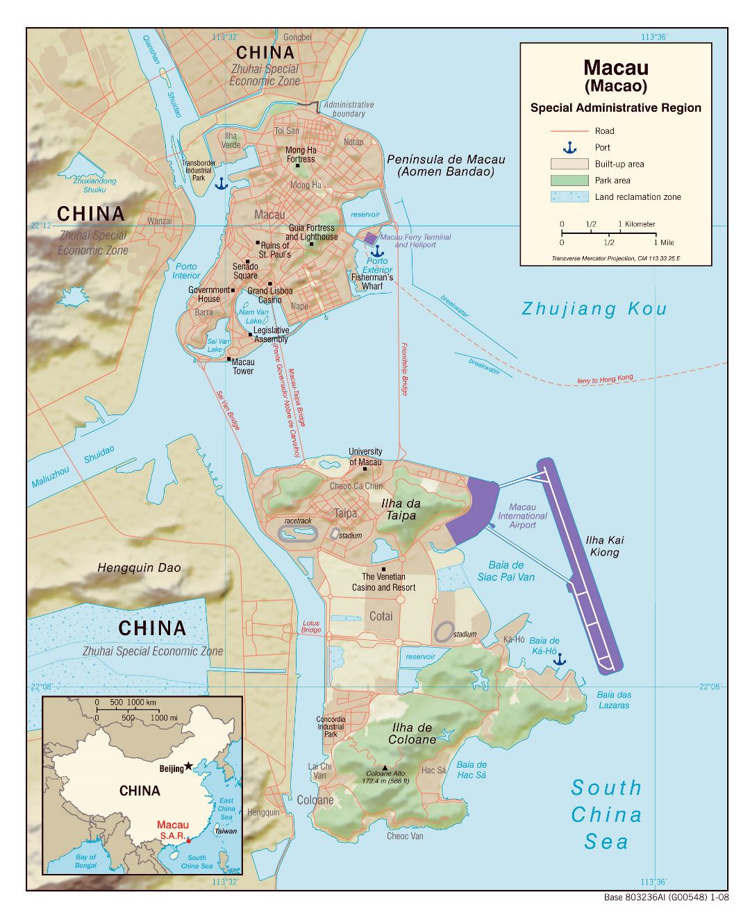Large political map of Macau with relief, roads, ports and other marks - 2008