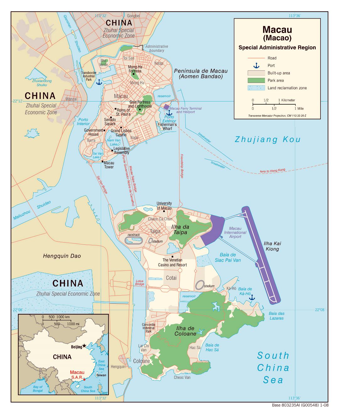 Large political map of Macau with roads, ports and other marks - 2008
