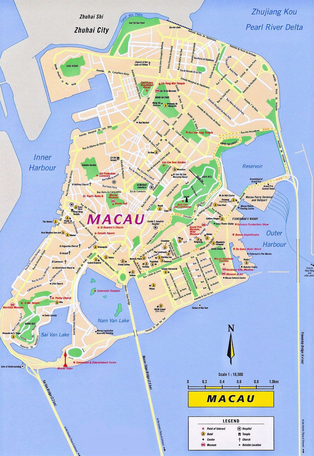 Large tourist map of Macau with roads