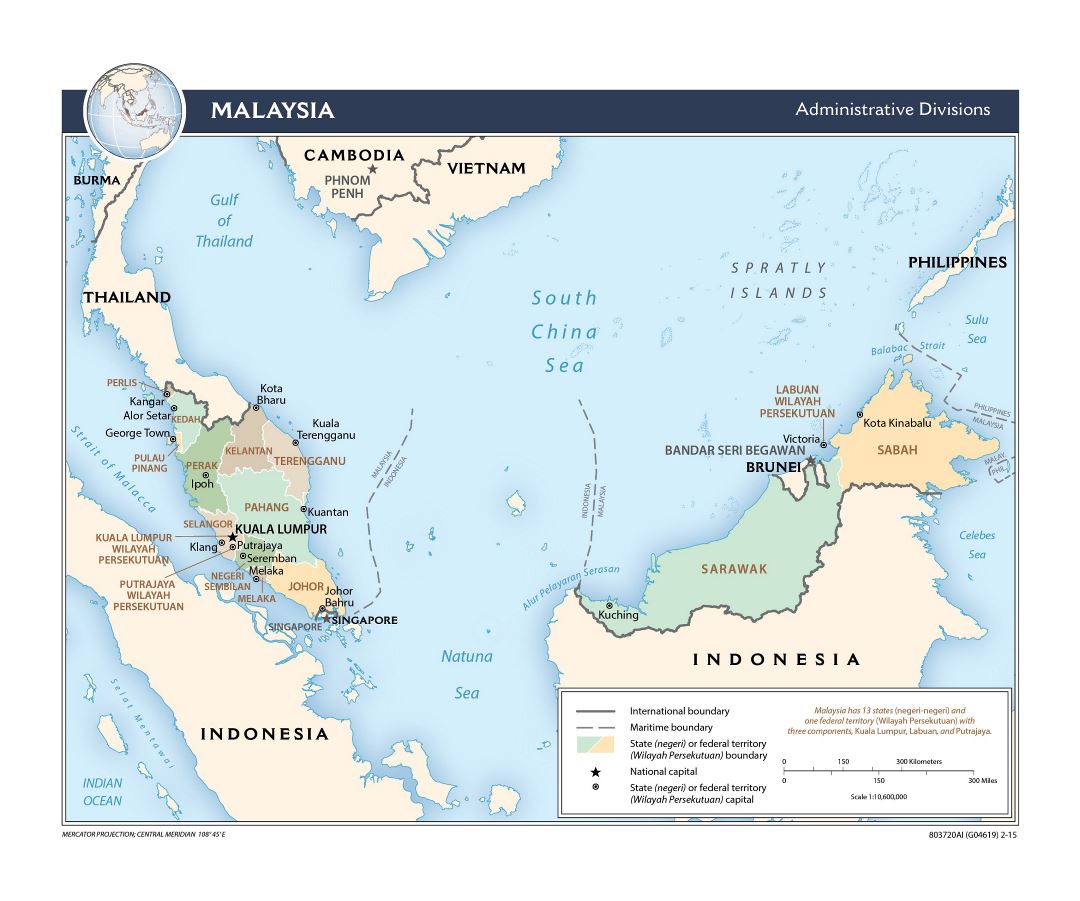 Large detailed administrative divisions map of Malaysia - 2015