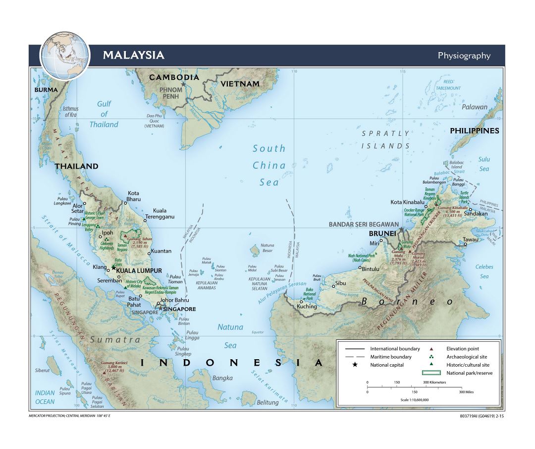 Large detailed physiography map of Malaysia - 2015