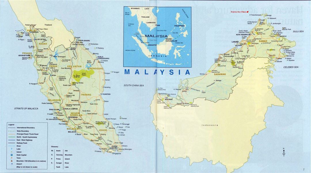 Large map of Malaysia with roads, railroads, cities, airports and other marks