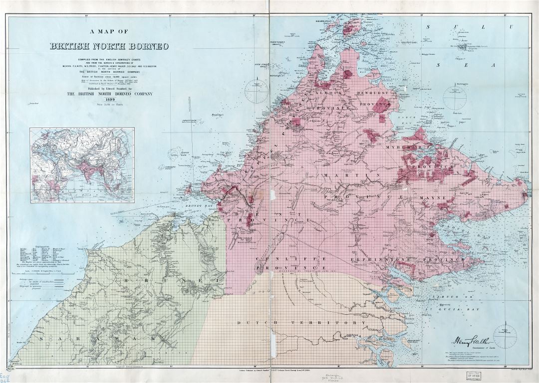 Large scale detailed old map of British North Borneo - 1899