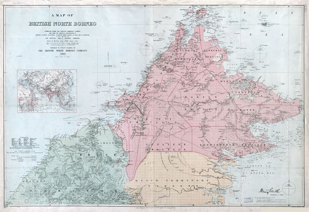 Large scale detailed old map of British North Borneo - 1903