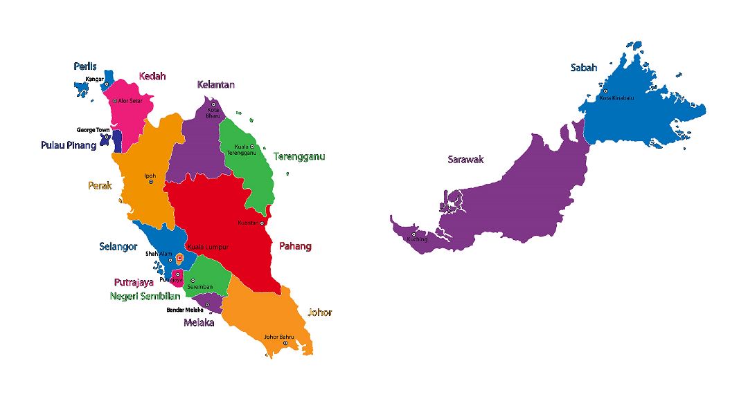 Large states map of Malaysia