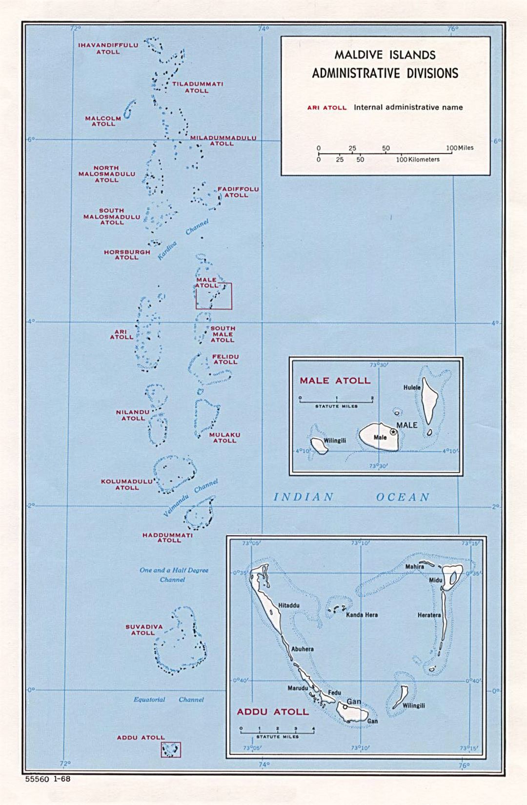 Detailed administrative divisions map of Maldives - 1968