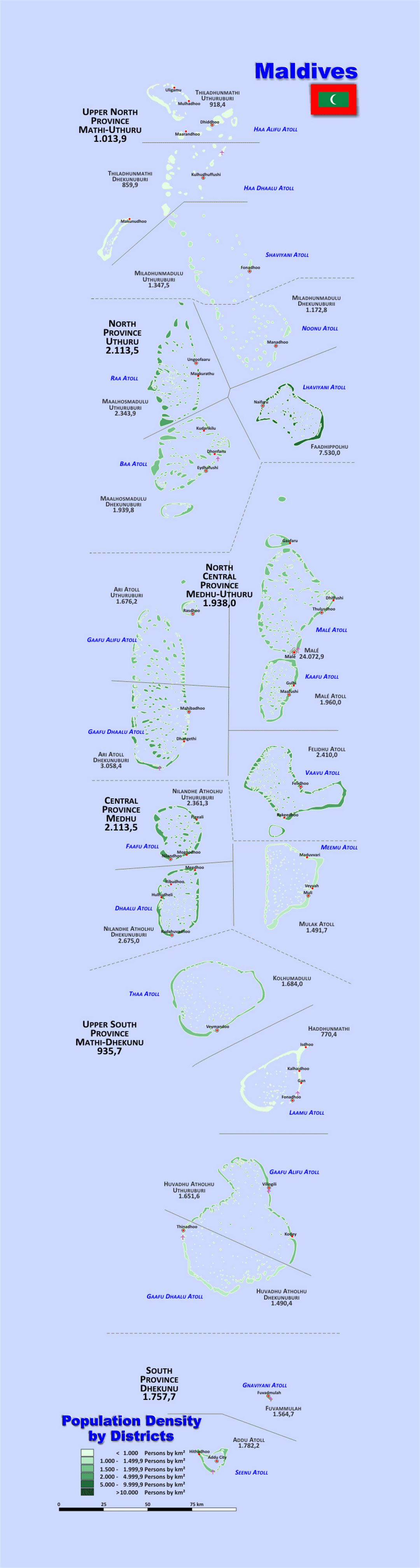 Detailed population density by districts map of Maldives