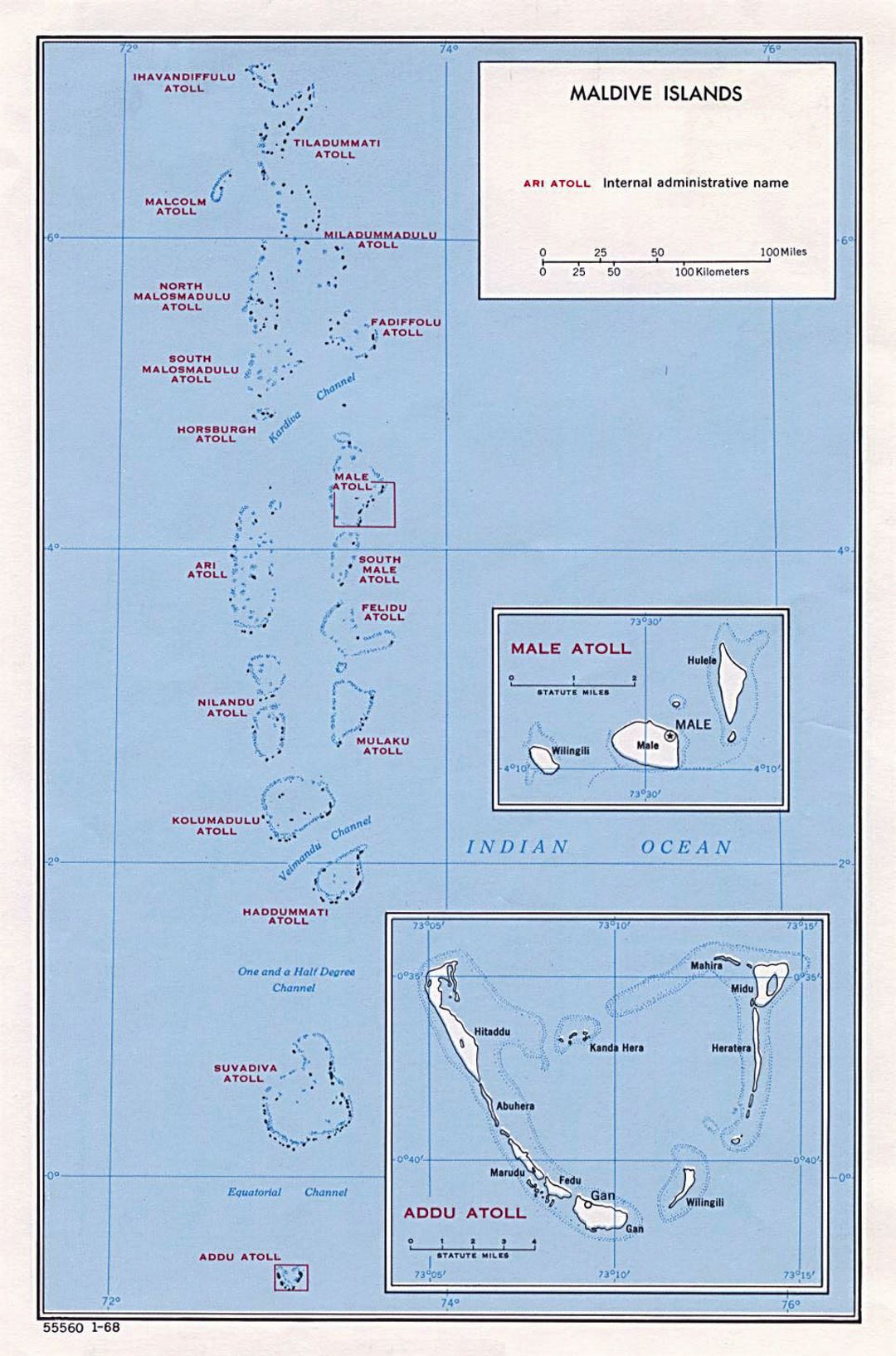 Large administrative map of Maldives - 1968
