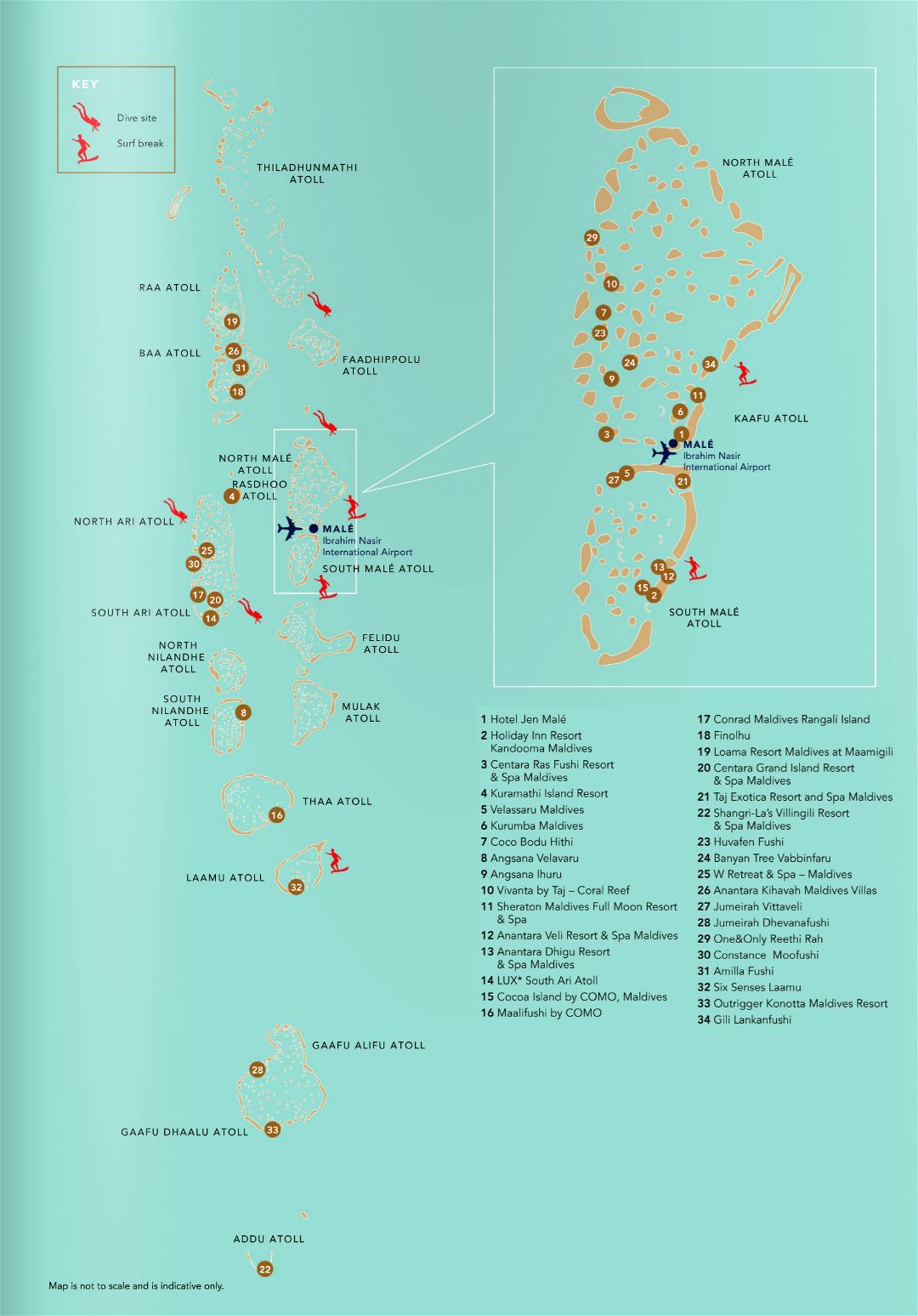 Large detailed diving map of Maldives