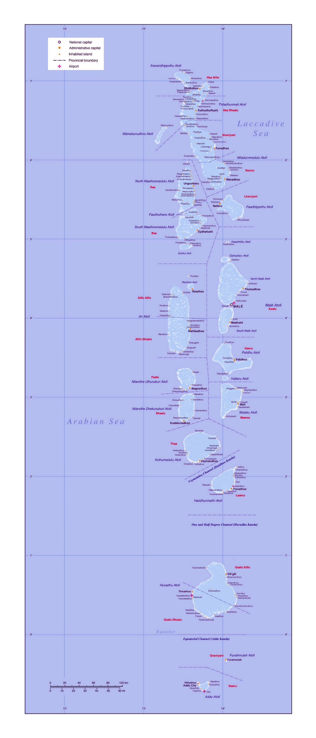 Large detailed political and administrative map of Maldives with cities and airports