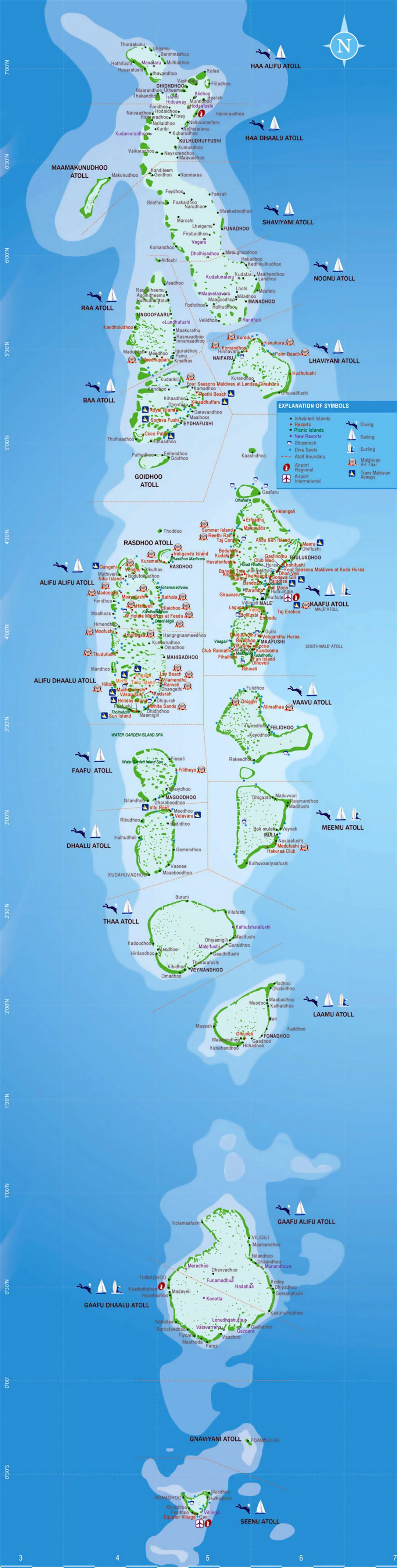 Large map of Maldives with atolls, resorts and activities details