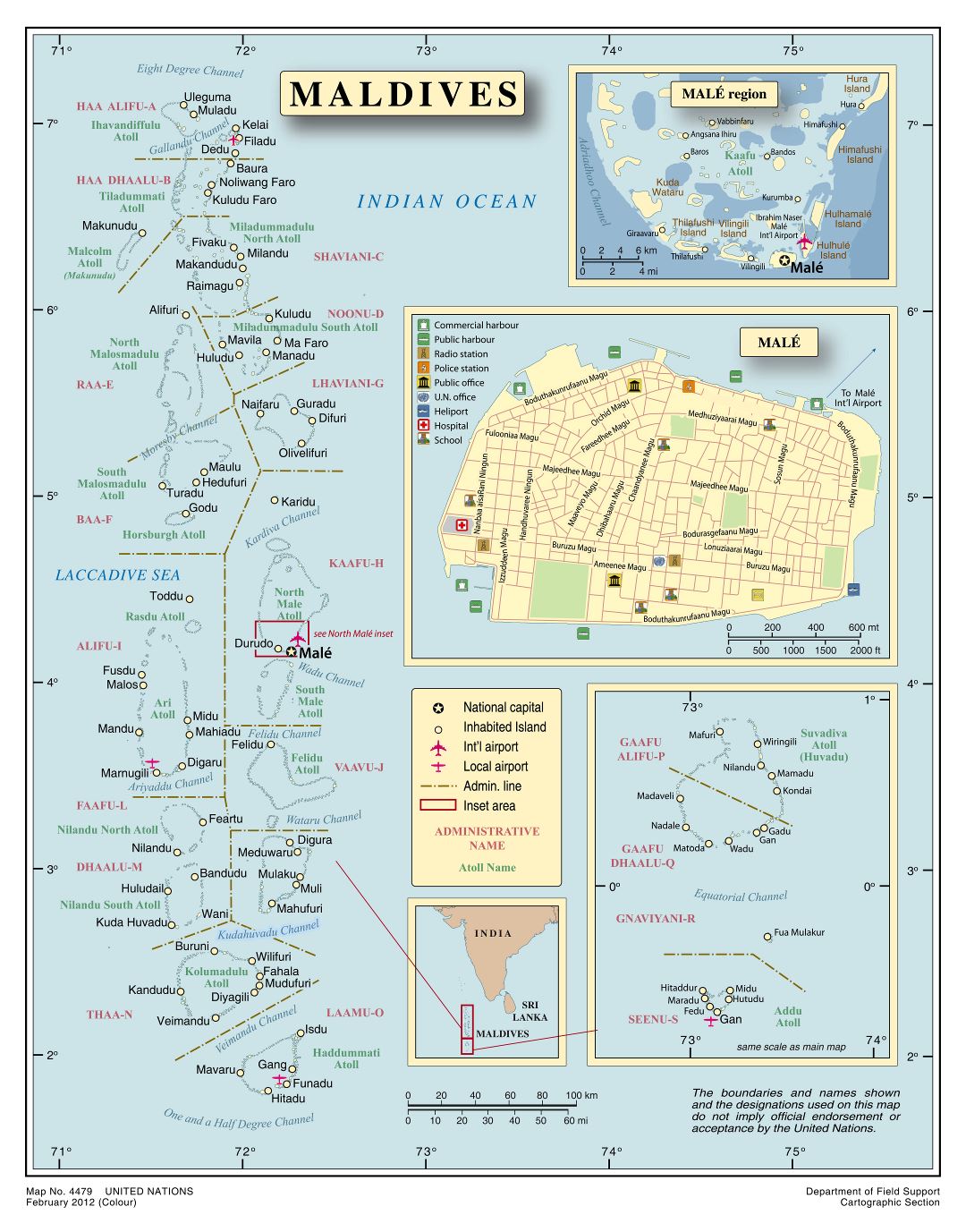 Large scale political and administrative map of Maldives with cities and airports