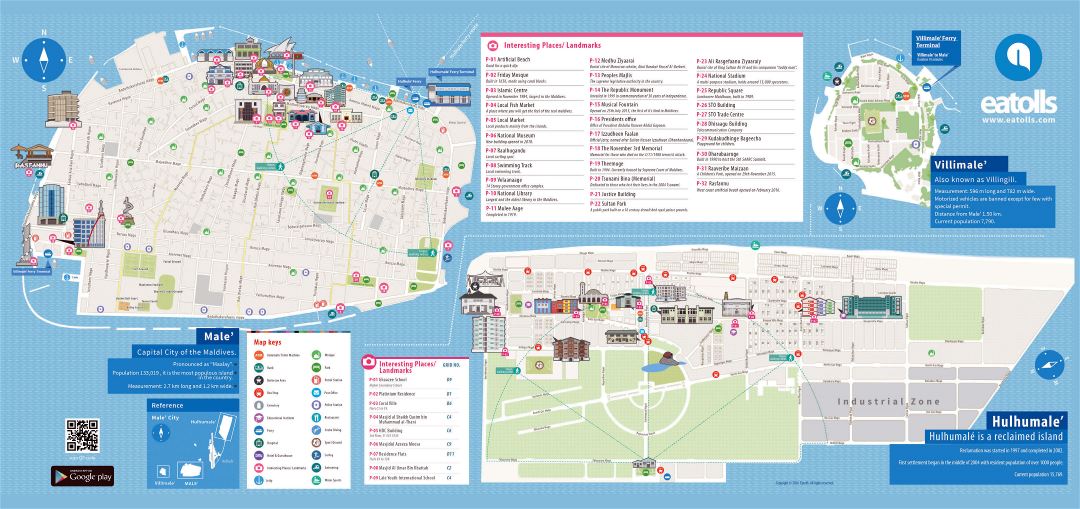 Large scale detailed tourist map of Male and Hulhumale with other marks