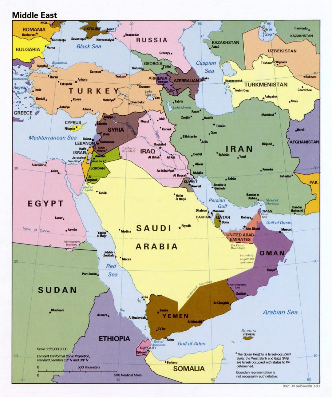 Detailed political map of the Middle East - 1993