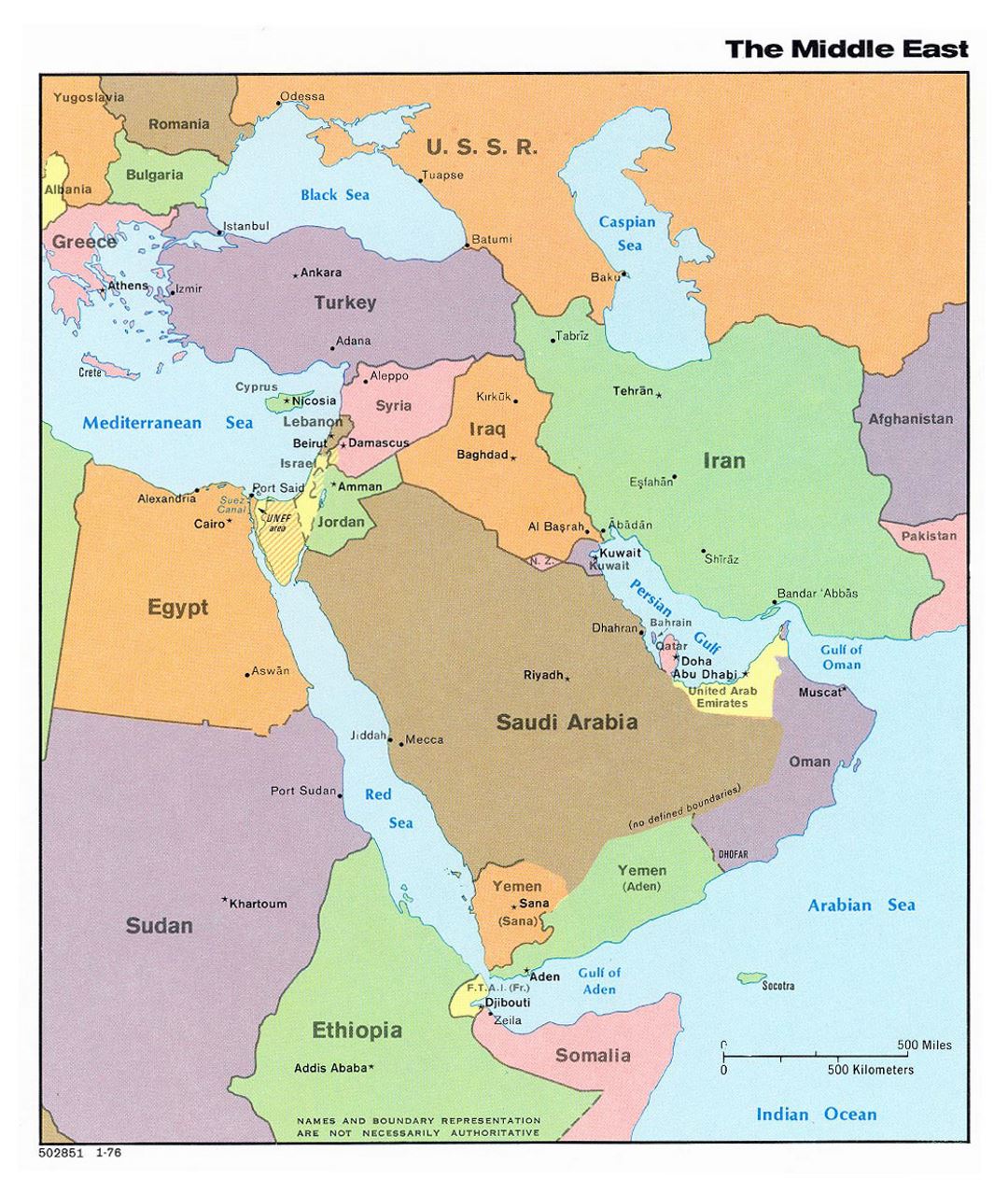 Detailed political map of the Middle East with capitals - 1976
