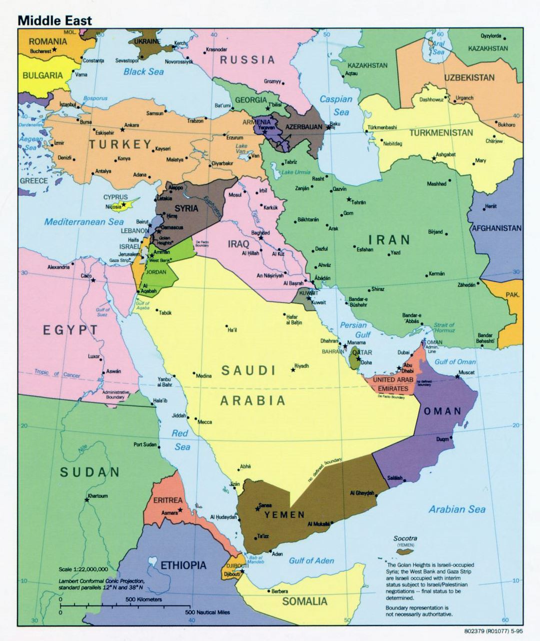 Detailed political map of the Middle East with capitals and major cities - 1995