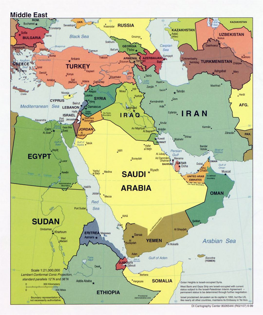 Detailed political map of the Middle East with major cities and capitals - 1999