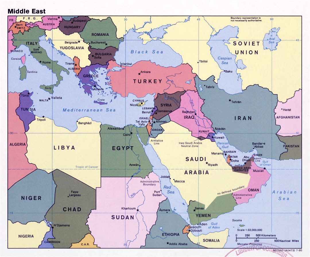 Large detailed political map of the Middle East with capitals and major cities - 1990