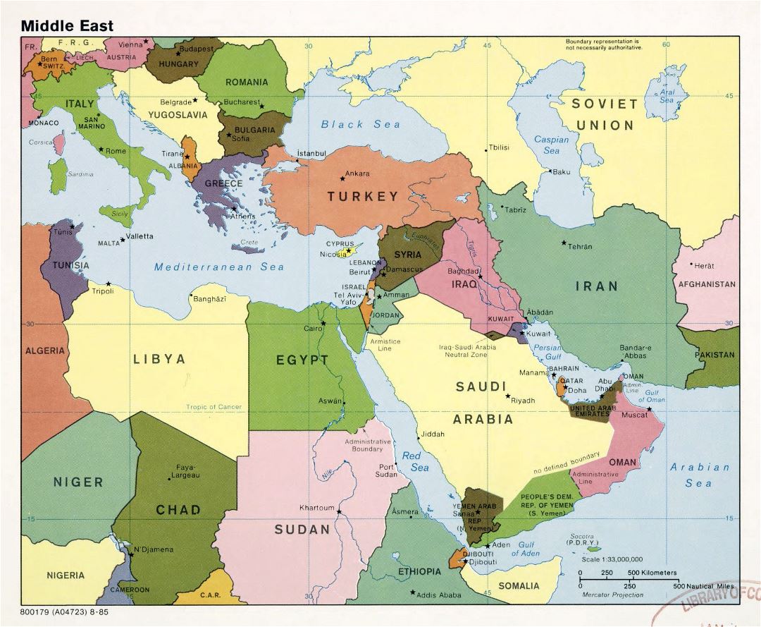Large detailed political map of the Middle East with major cities and capitals - 1985