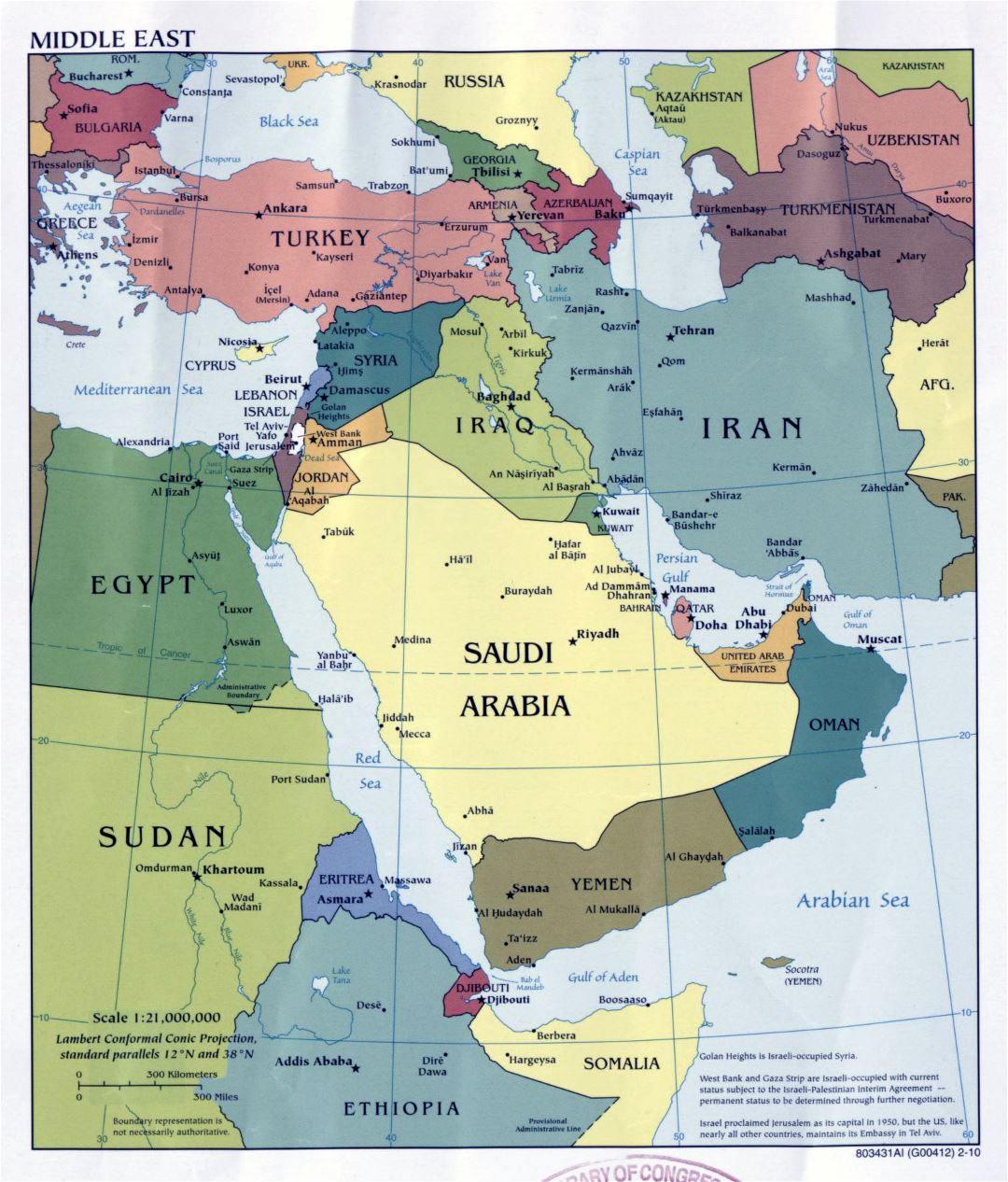 Large detailed political map of the Middle East with major cities and capitals - 2010