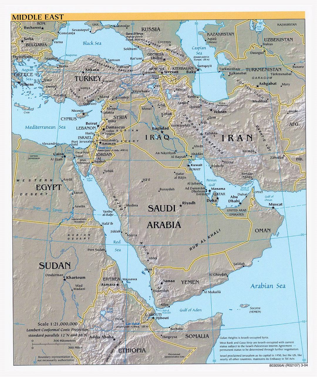 Large political map of the Middle East with relief, major cities and capitals - 2004