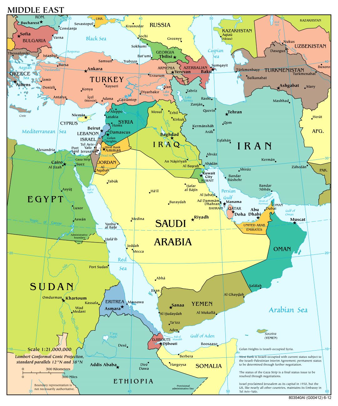 Large scale detailed political map of the Middle East with major cities and capitals - 2012