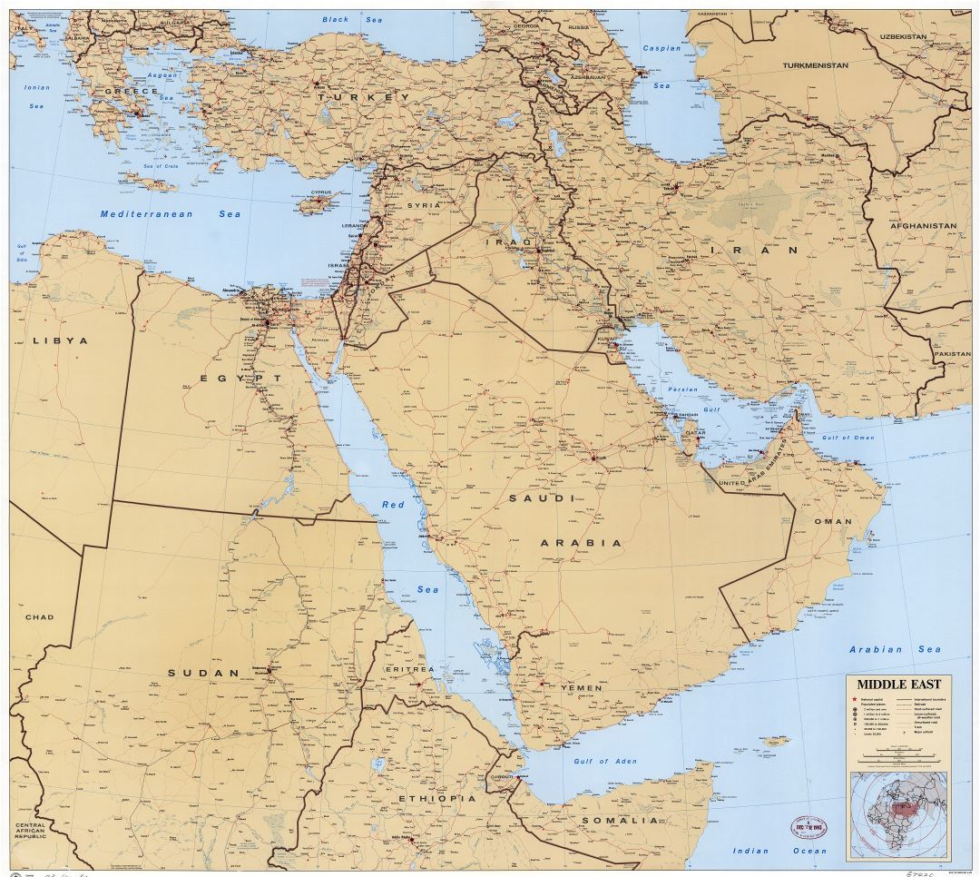Large scale detailed political map of the Middle East with roads, railroads, cities and airports - 1993