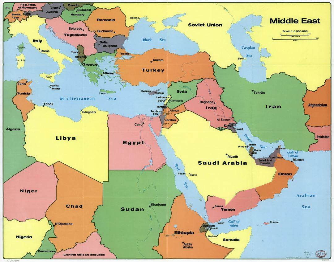 Large scale political map of the Middle East with capitals - 1990