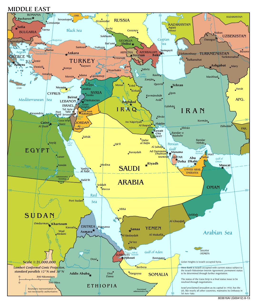 Large scale political map of the Middle East with major cities - 2013