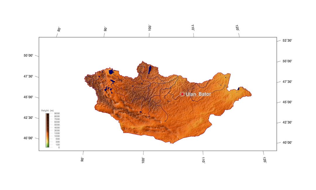 Detailed elevation map of Mongolia